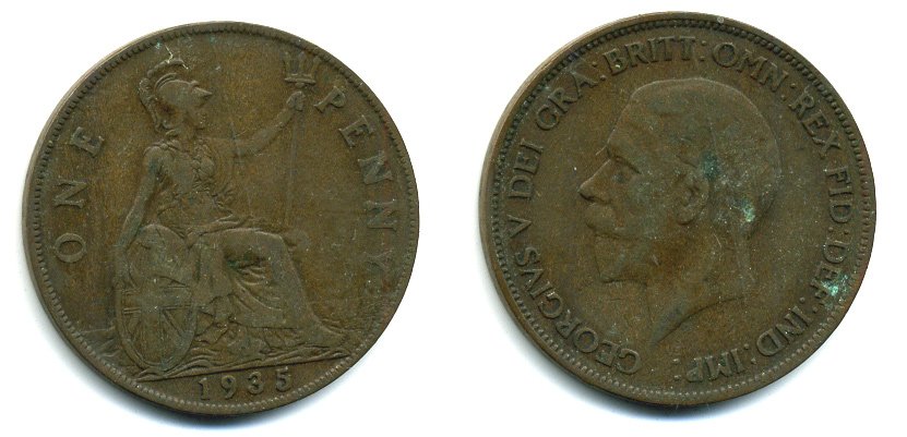 Великобритания 1 пенни 1935 Георг V (1910-1936) КМ 838, Spink 4055 бронза 41-1234