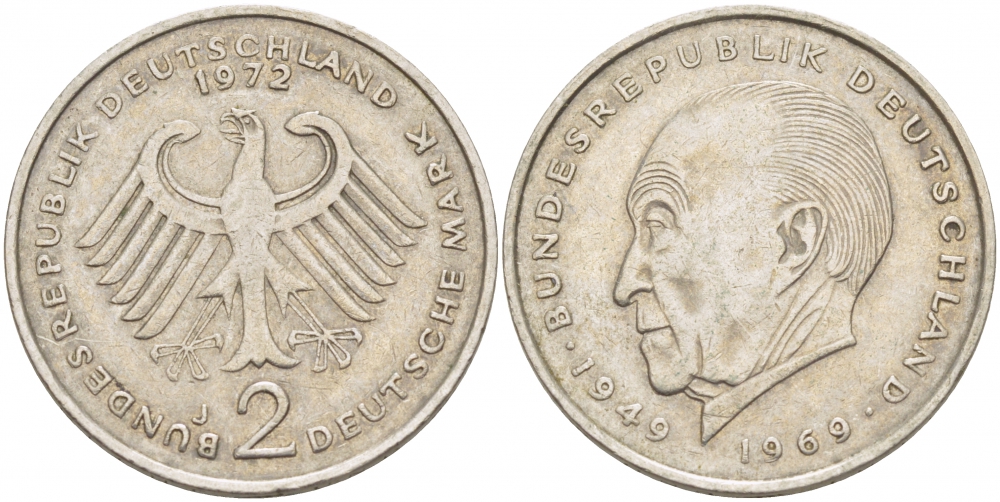 ФРГ 2 марки 1972 J, Конрад Аденауэр J 406, KM 124 медно-никель плакированный никелем 3718-1055
