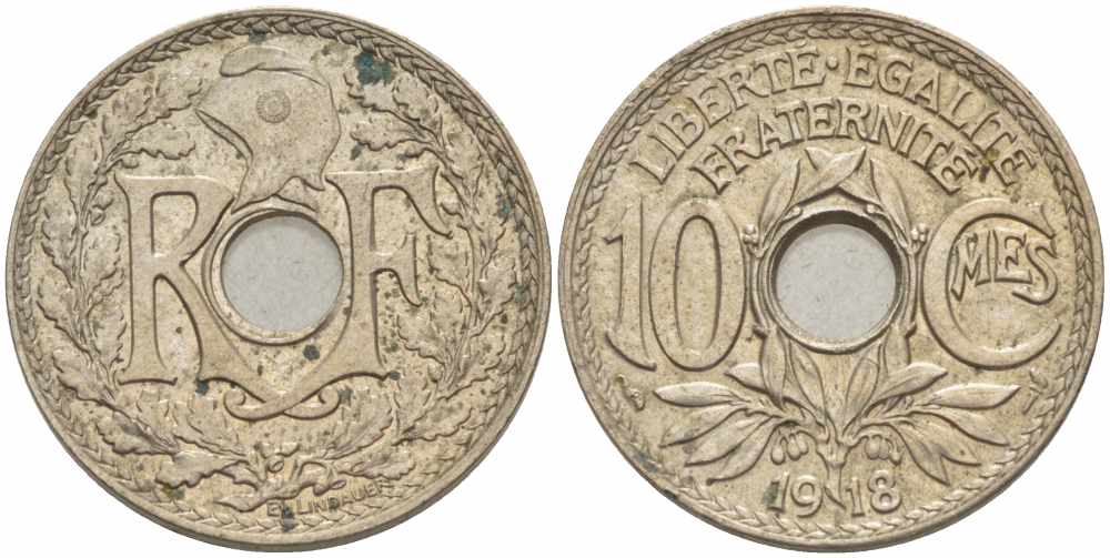 Франция 10 сантимов 1918 тип Линдайё KM 866a, Le Franc 138.3 медно-никель 108-122