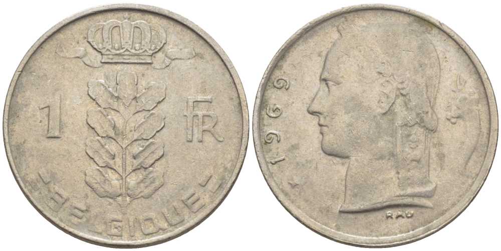 БЕЛЬГИЯ 1 ФРАНК 1969 BELGIQUE, БОДУЭН I (1951-1993) KM 142.1 медно-никель 119-511