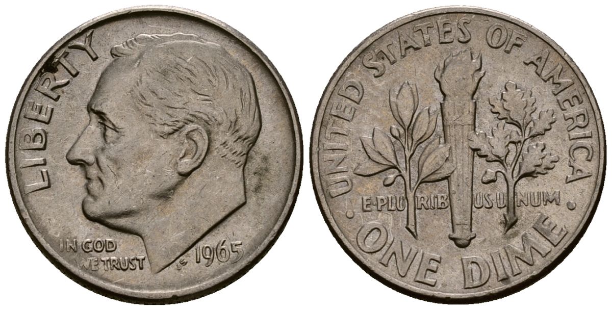 США 10 центов (дайм) 1965 Рузвельт KM 195a медь плакированная медно-никелем 4164-918
