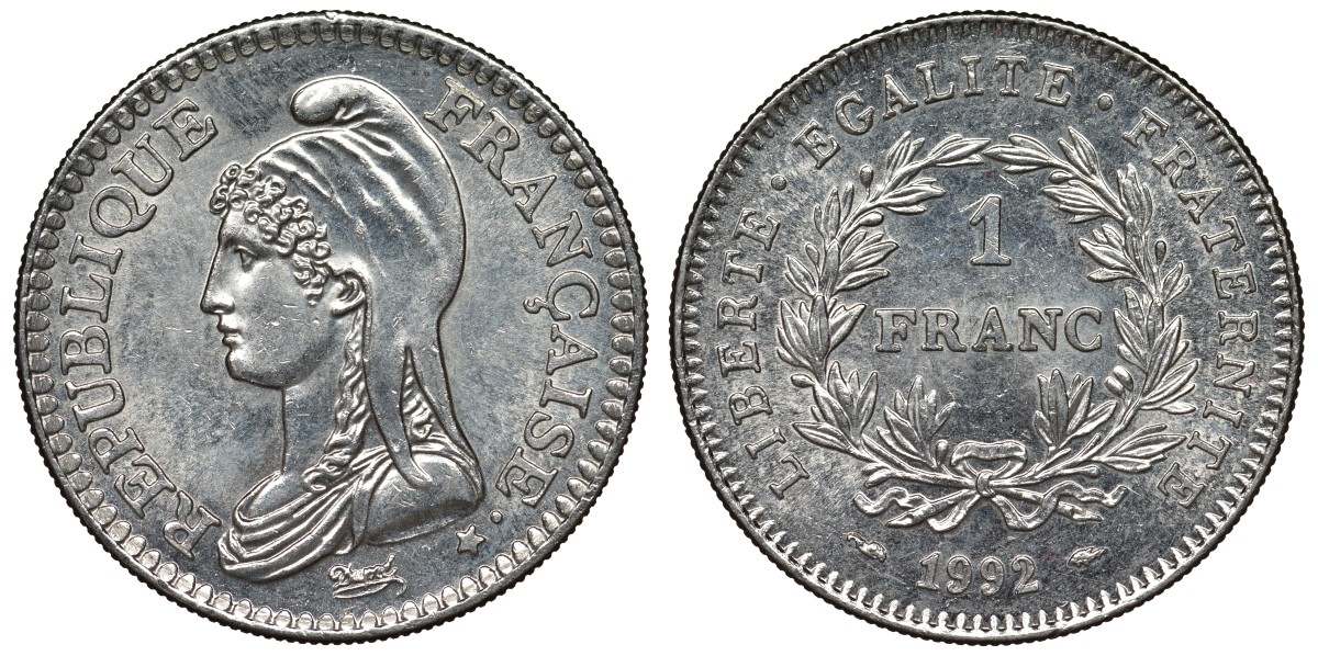 Франция 1 франк 1992 200 лет Французской республике KM 1004.1, Le Franc 229.2 никель 4128-353