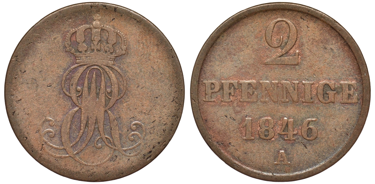 Ганновер 2 пфеннига 1846 A, Эрнст Август (1837-1851) KM 202.2, AKS 125, J. 75 медь 75-1841
