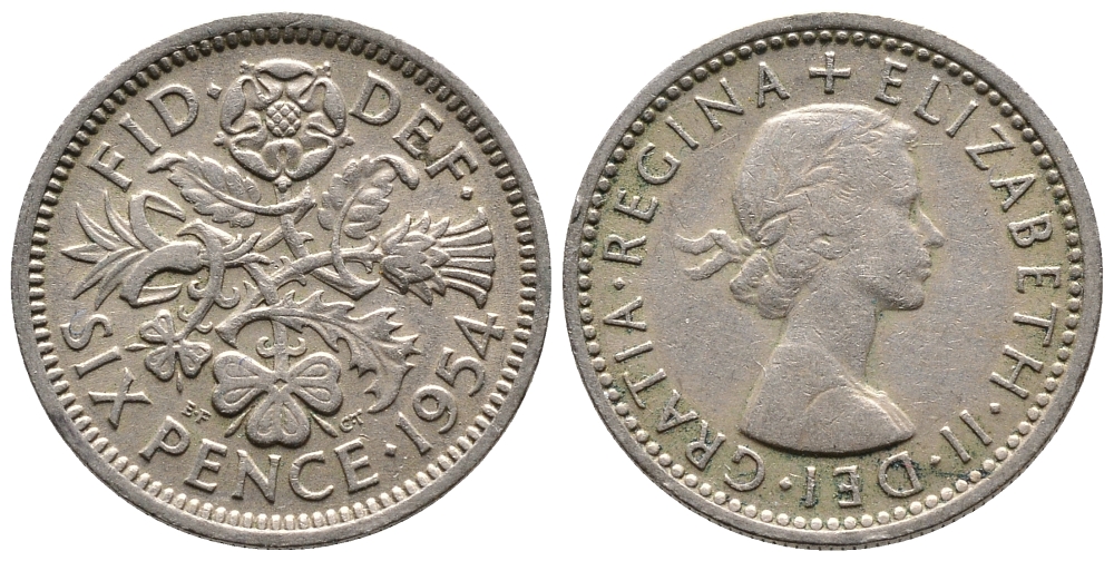 Великобритания 6 пенсов 1954 Елизавета II (1952-2022) KM 903, Spink 4149 медно-никель 220-865