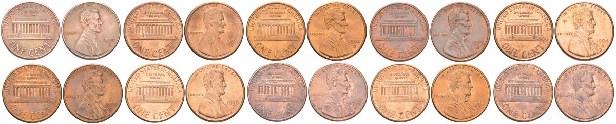 США набор из 10 монет (полная погодовка десятилетия, 1 цент) 1990-1999 D, Линкольн KM 201b цинк плакированный медью aUNC-UNC 4613-1251-1259