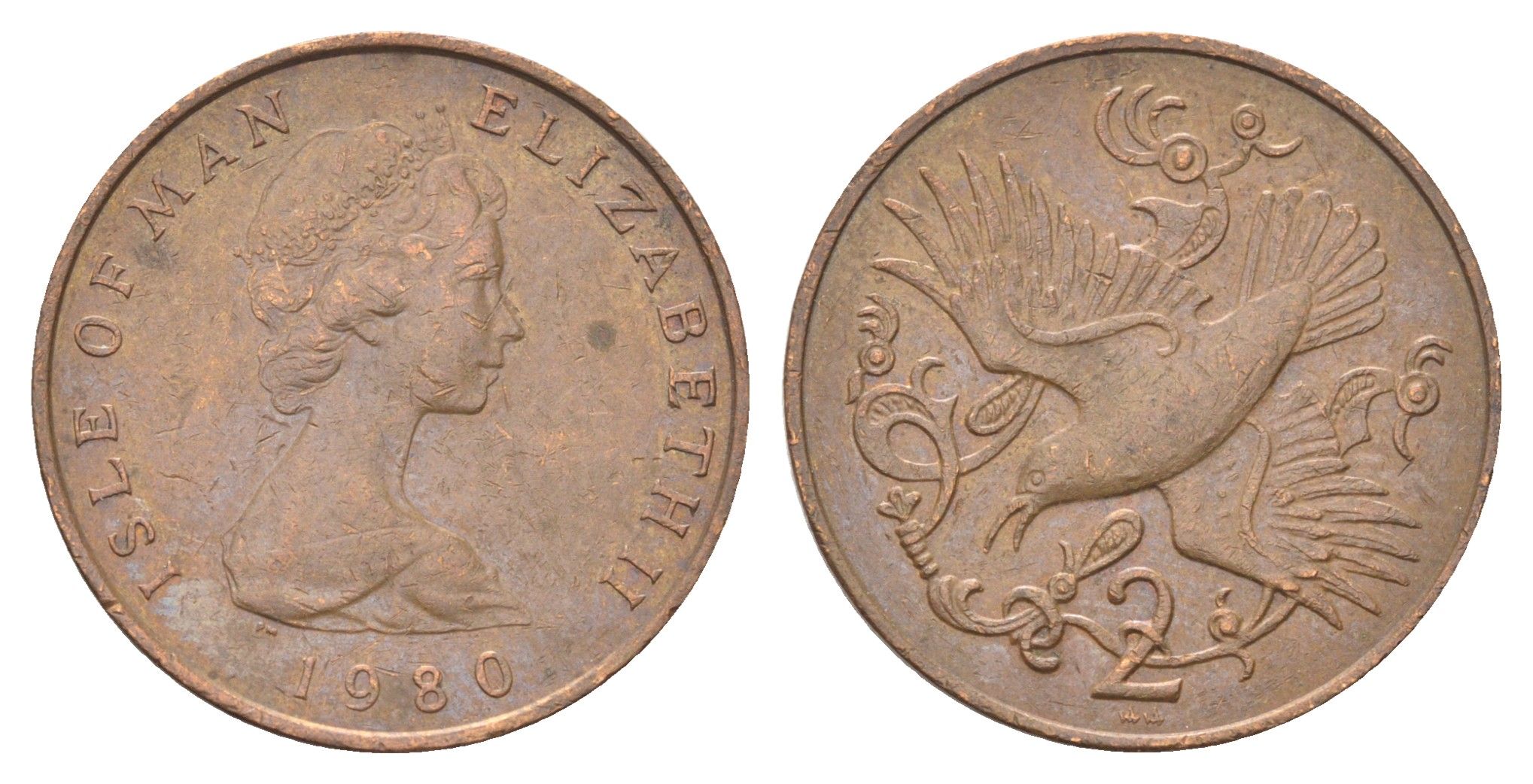 Остров Мэн 2 пенса 1980 птица, Елизавета II (1952-2022) KM 60 бронза 4703-1036