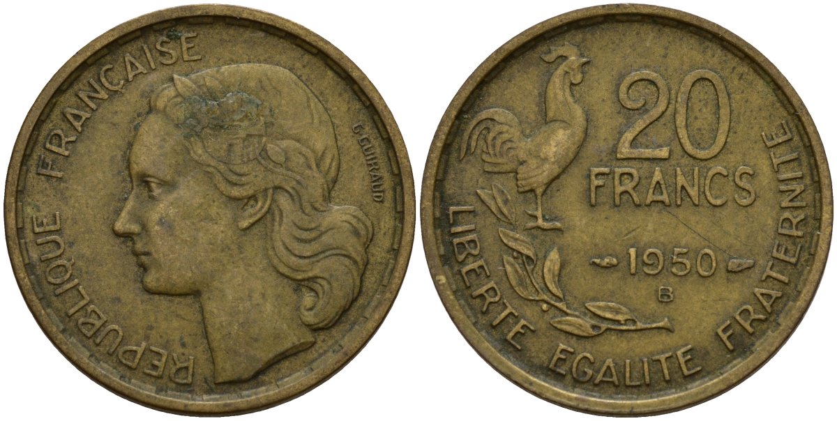 Франция 20 франков 1950 B, Петух KM 917.1 алюминиевая бронза 4159-927