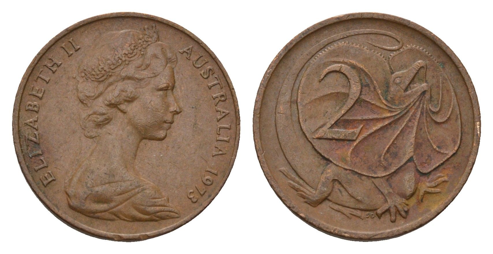 Австралия 2 цента 1973 Елизавета II (1952-2022), плащеносная ящерица KM 63 бронза 3336-136
