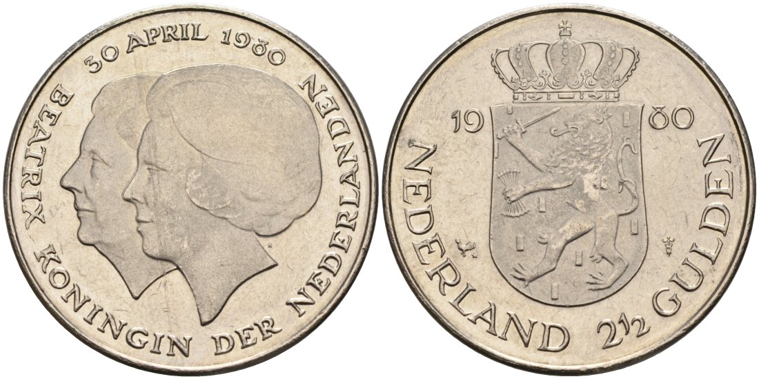 Нидерланды 2 1/2 гульдена 1980 коронация Беатрикс, 30 апреля 1980 KM 201 никель 4565-723