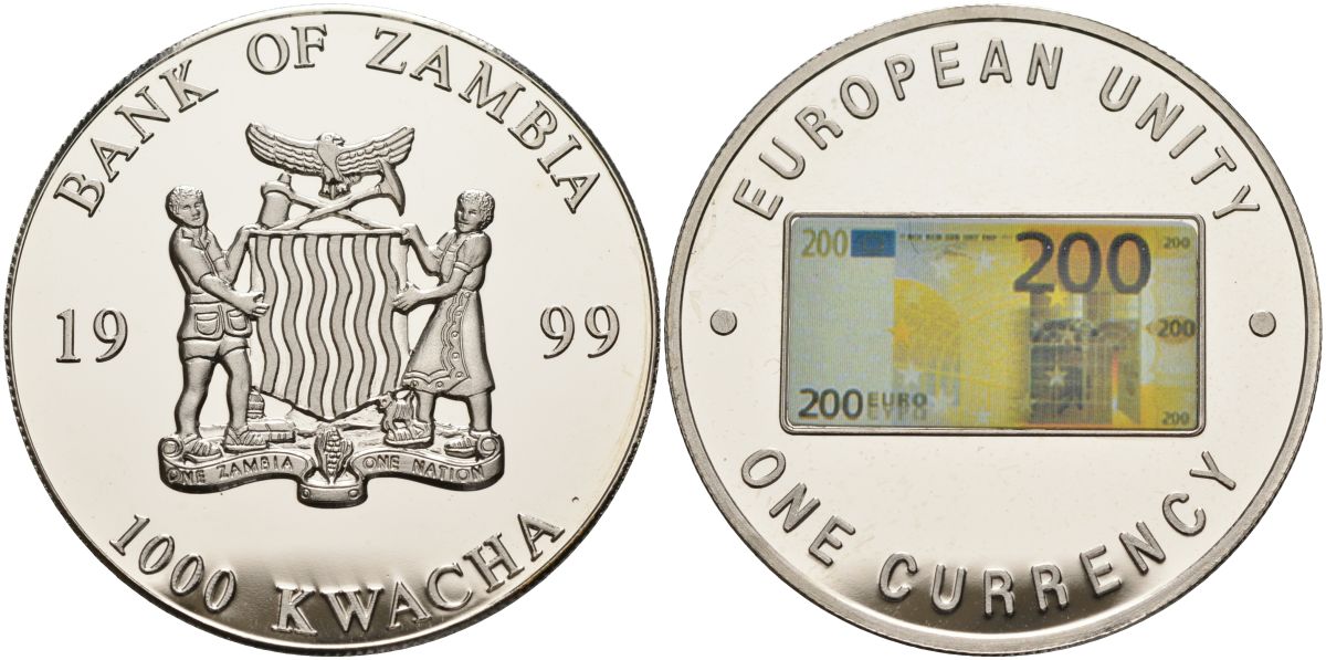 Замбия 1000 квача 1999 серия европейский союз - одна валюта, 200 евро аверс, серебрение KM 130 медь никель цинк 1098-3-53