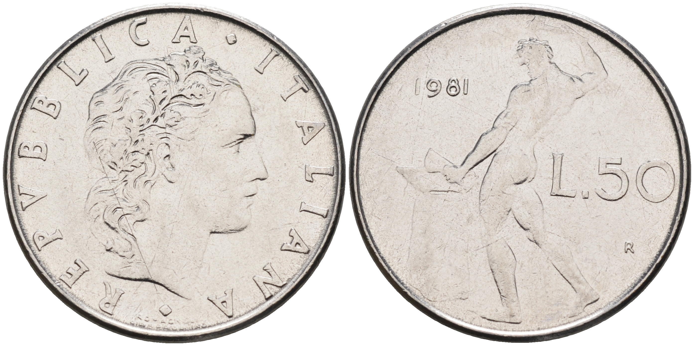 Италия 50 лир 1981 R, бог огня Вулкан у наковальни KM 95.1 нержавеющая сталь 4116-355