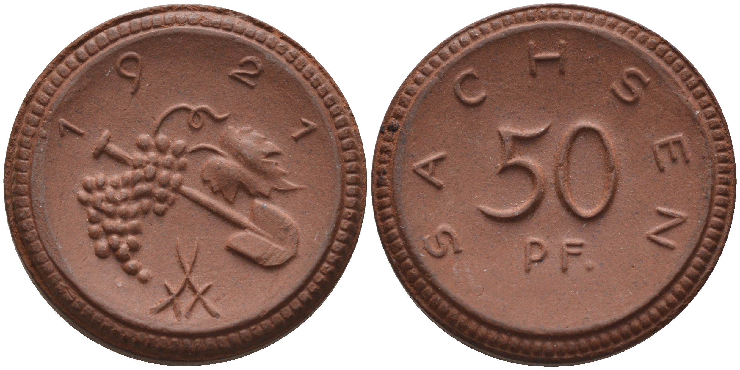 Саксония 50 пфеннигов 1921 виноград и лопата J. N 54 фарфор 1094-5-45