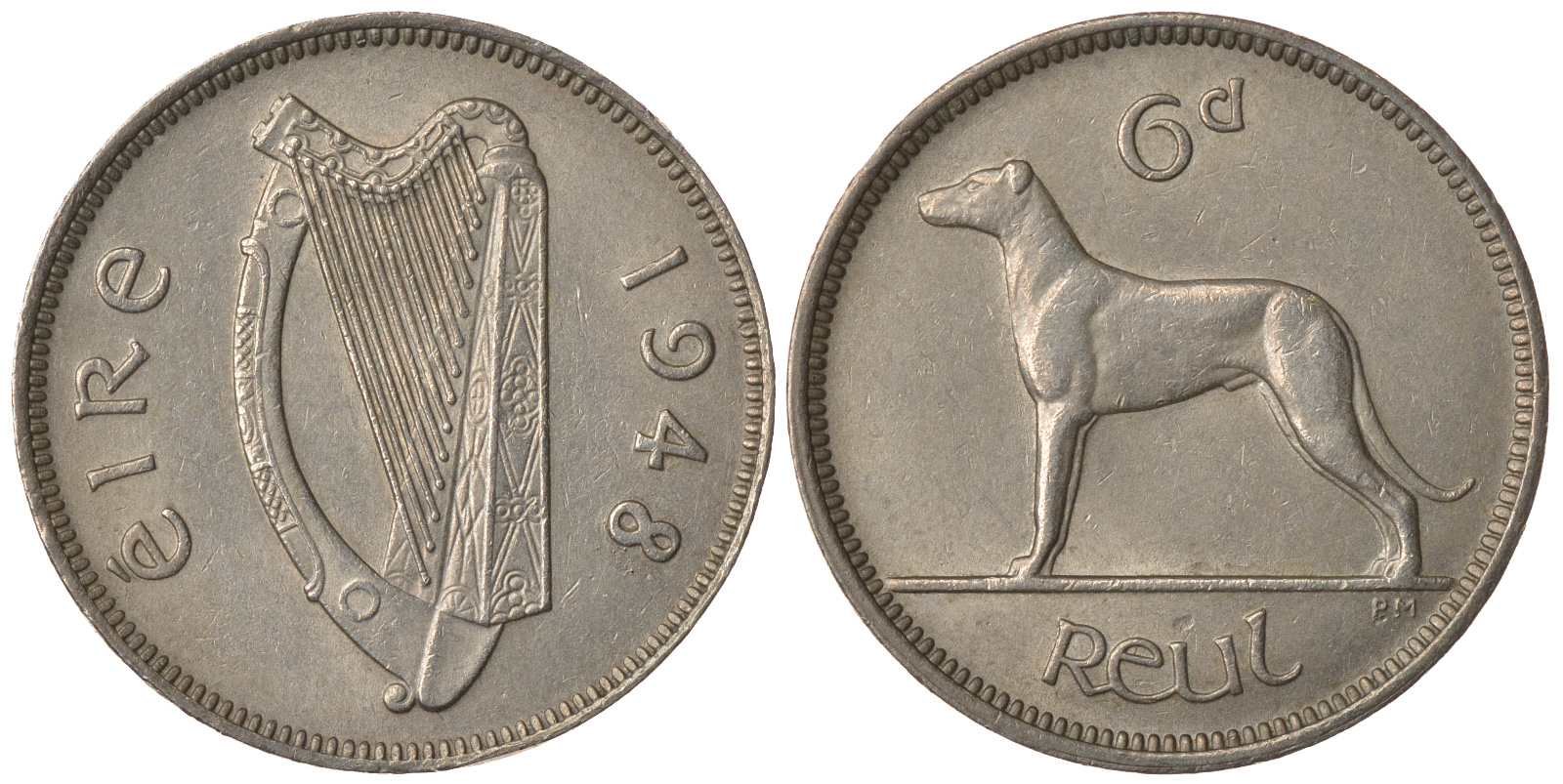 ИРЛАНДИЯ 6 ПЕНСОВ 1948 ИРЛАНДСКИЙ ВОЛКОДАВ, РЕДКОЕ СОСТОЯНИЕ KM 13a медно-никель 25-353