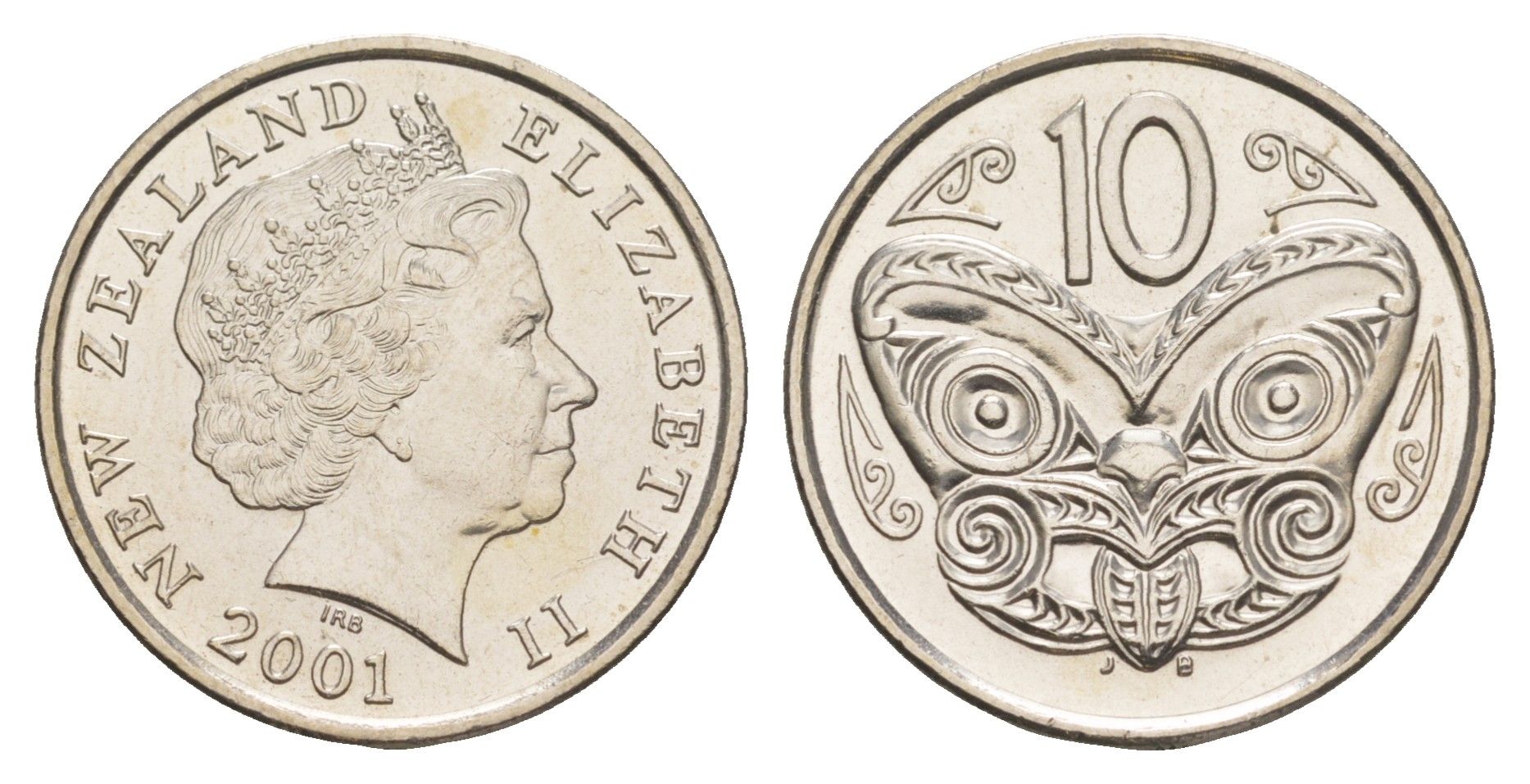 Новая Зеландия 10 центов 2001 Елизавета II (1952-2022), маска маори KM 117 медно-никель UNC 4652-656