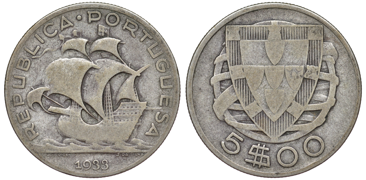 Португалия 5 эскудо 1933 KM 581 серебро 4178-651
