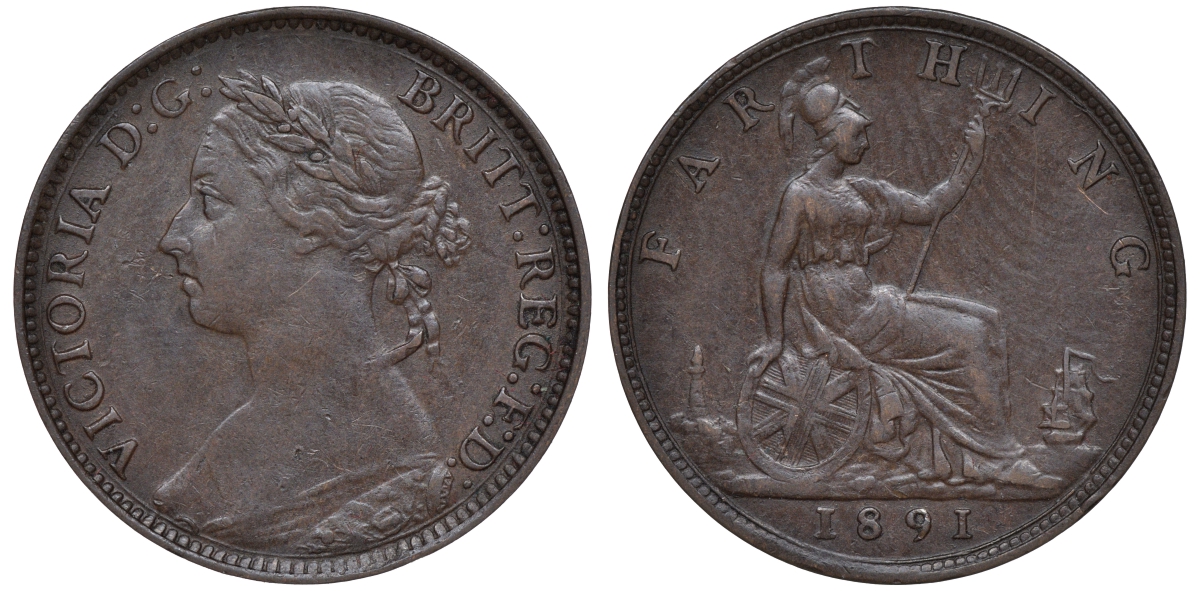Великобритания 1 фартинг 1891 Виктория (1837-1901) KM 753, Spink 3958 бронза 4609-1034