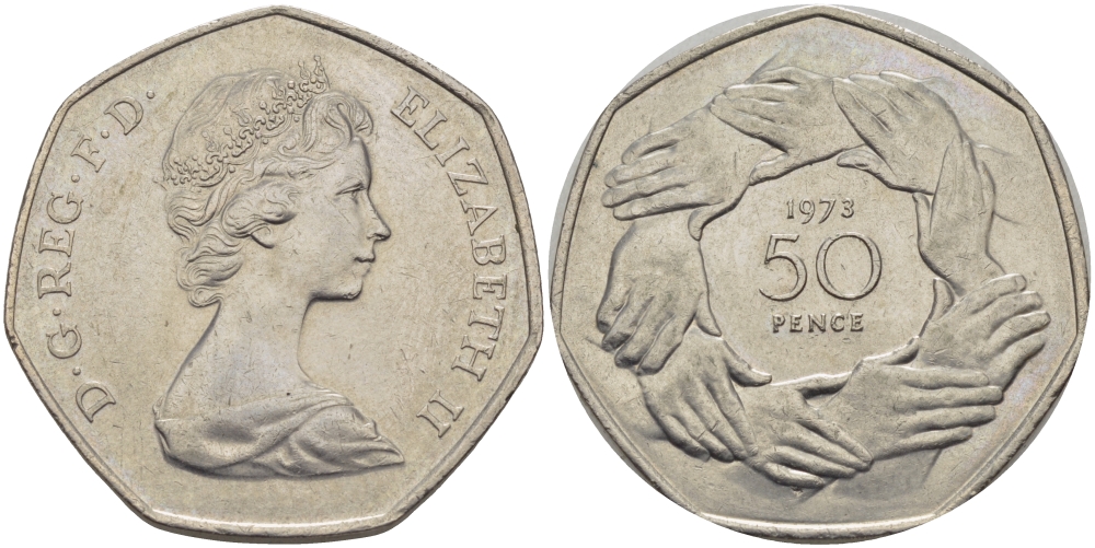 Великобритания 50 пенсов 1973 Елизавета II (1952-2022), вступление в Европейское экономическое сообщество KM 918, Spink 4224 медно-никель 32-1245