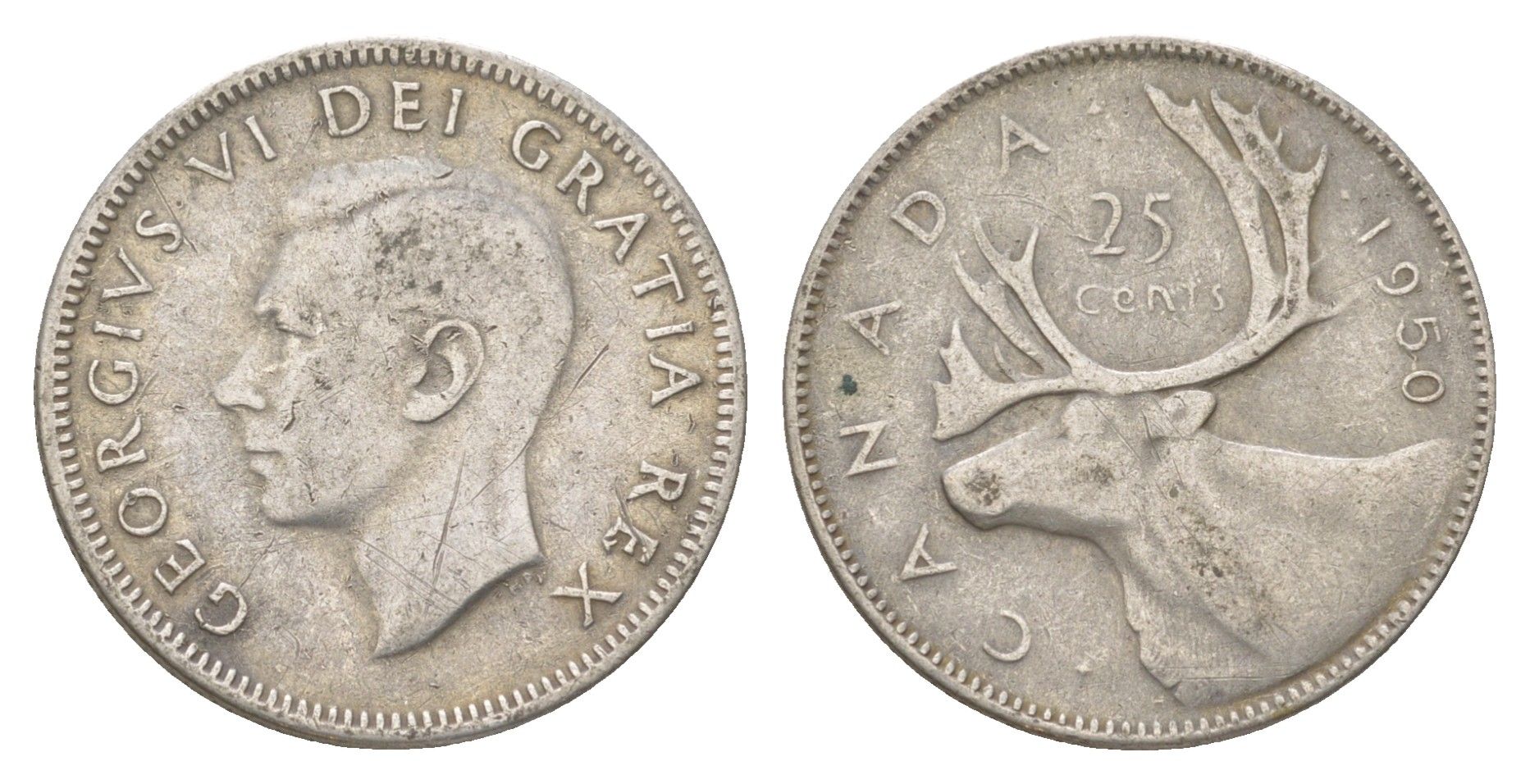 Канада 25 центов 1950 Георг VI (1936-1952), олень KM 44 серебро 4622-821