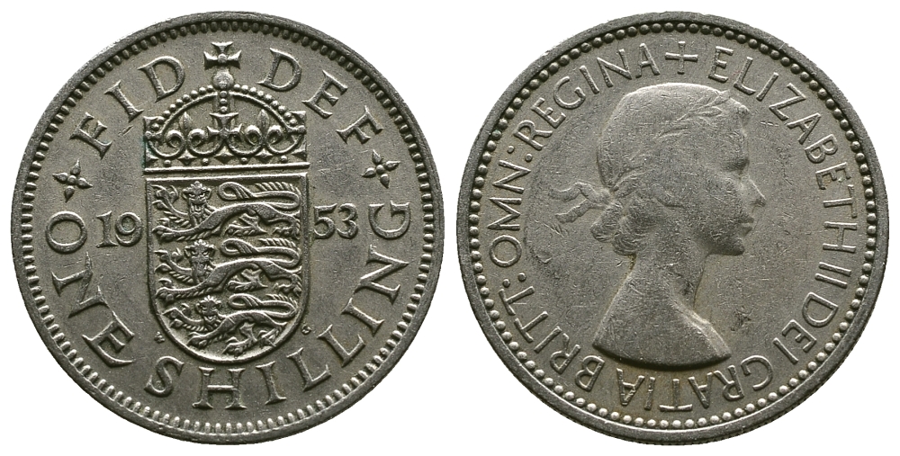 Великобритания 1 шиллинг 1953 Елизавета II (1952-2022), Английский герб KM 890, Spink 4139 медно-никель 4384-237