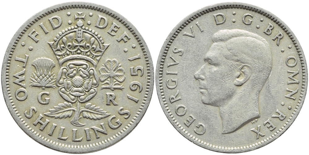 Великобритания 2 шиллинга (флорин) 1951 Георг VI (1936-1952) KM 878, Spink 4107 медно-никель 4394-1112