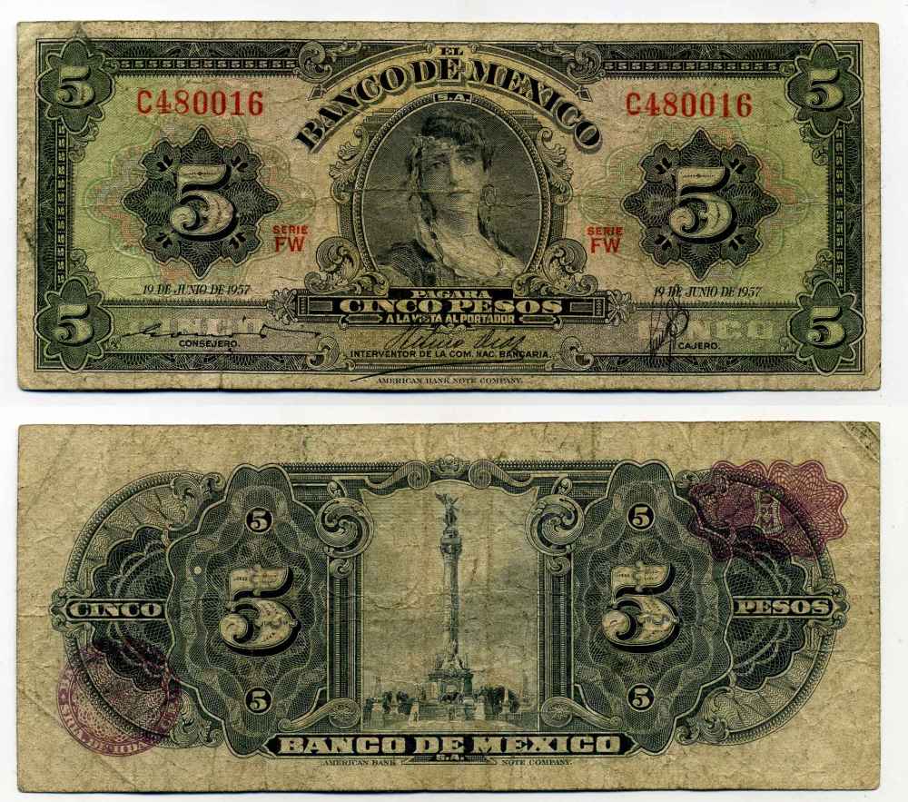 МЕКСИКА 5 ПЕСО 1957 19 ИЮНЯ 1957 Pick 60а бумага 8589-47-3-1