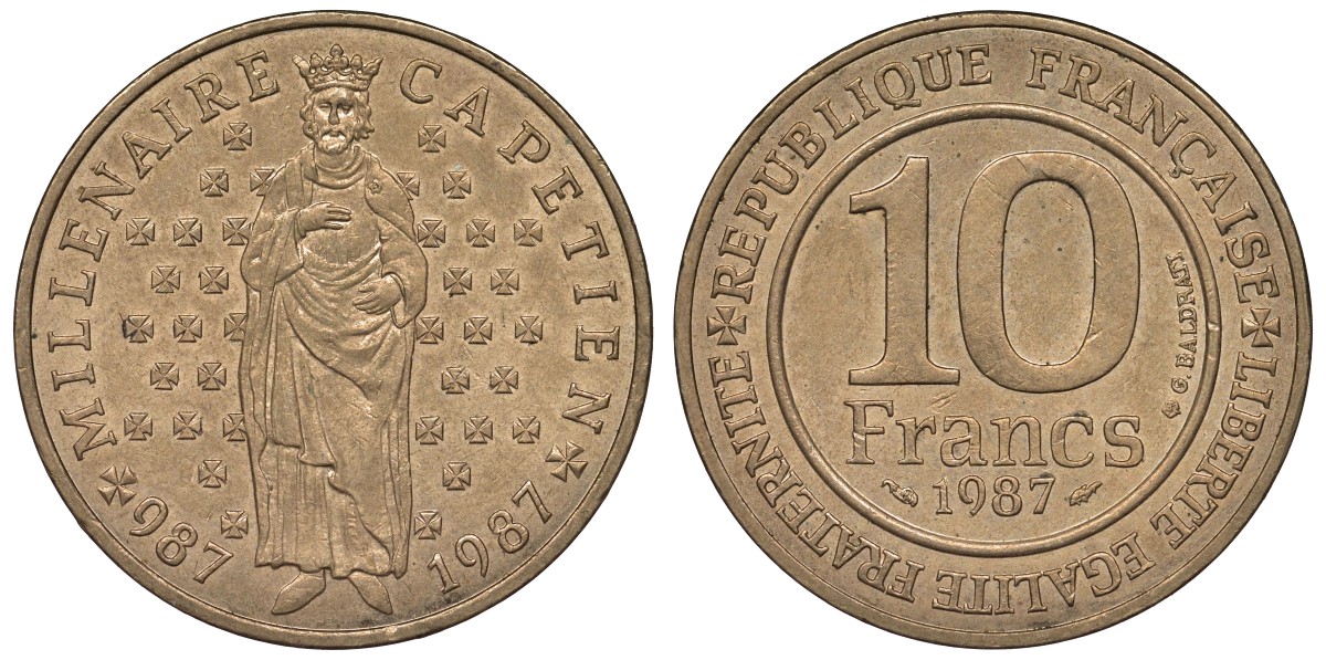 Франция 10 франков 1987 1000 лет первому королю Франции Гуго Капету KM 961 d, Le Franc 371.2 никелированная бронза 4123-641