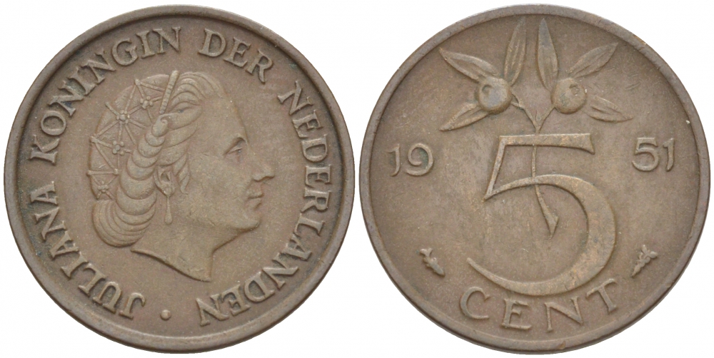 НИДЕРЛАНДЫ 5 ЦЕНТОВ 1951 ЮЛИАНА KM 181 бронза 3718-156