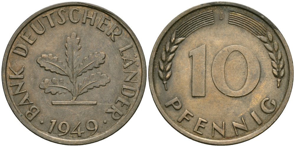 ФРГ 10 пфеннигов 1949 J KM 103, J.378 сталь плакированная латунью 4579-217