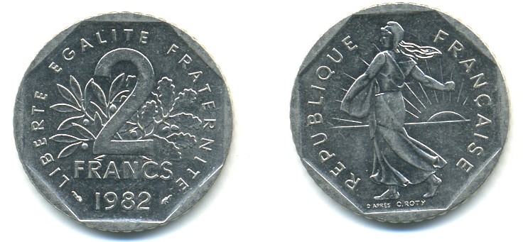 ФРАНЦИЯ 2 ФРАНКА 1982 СЕЯТЕЛЬ KM 942.1, LE FRANC 272.6 никель 57-535