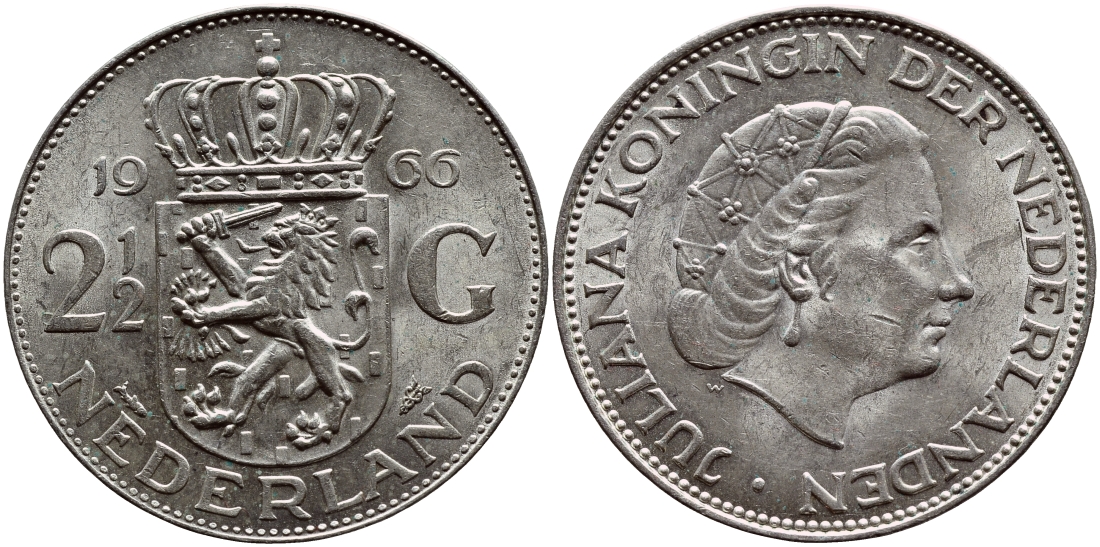 Нидерланды 2 1/2 гульдена 1966 Юлиана (1948-1980) KM 185 серебро 633-912