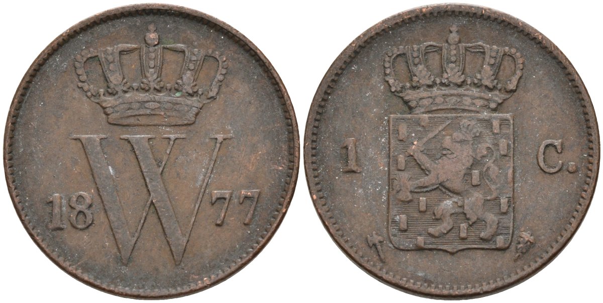 Нидерланды 1 цент 1877 Виллем III (1849-1890) KM 100 медь 4575-934