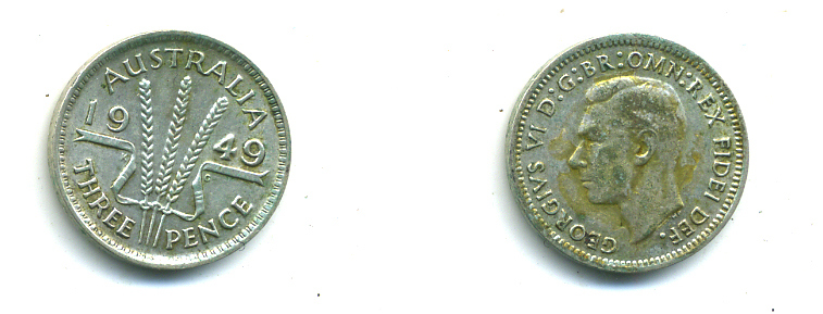 Австралия 3 пенса 1949 m, Георг VI (1937-1952), без букв KM 44 серебро 46-618
