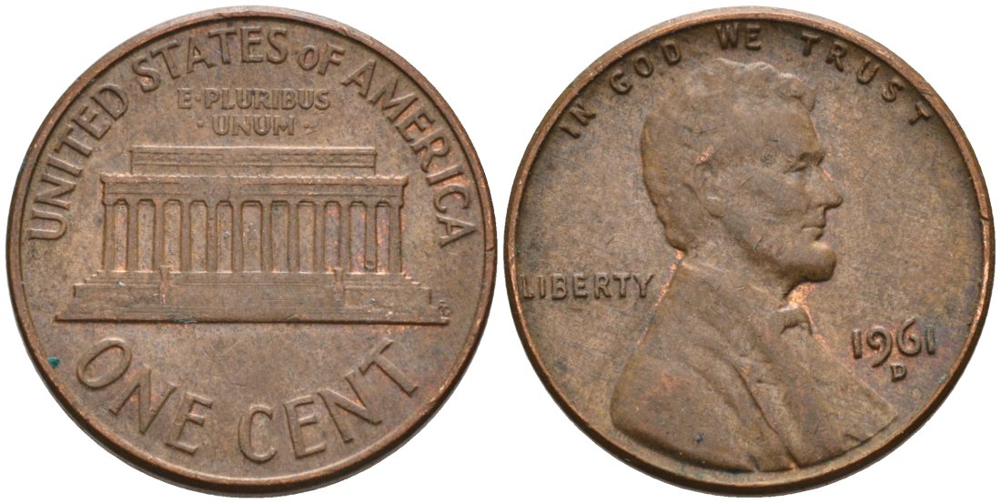 США 1 цент 1961 D, Авраам Линкольн KM 201 медь цинк 4564-352