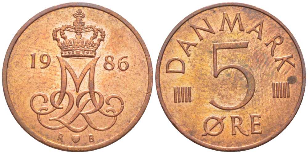 ДАНИЯ 5 ЭРЕ 1986 R; B, МАРГРЕТЕ II (1972-) KM 859,3 железо плакированное медью 201-1168