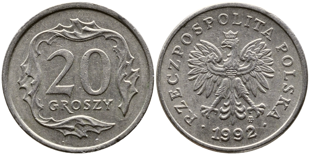 ПОЛЬША 20 ГРОШЕЙ 1992 MW KM 280 медно-никель 4387-648