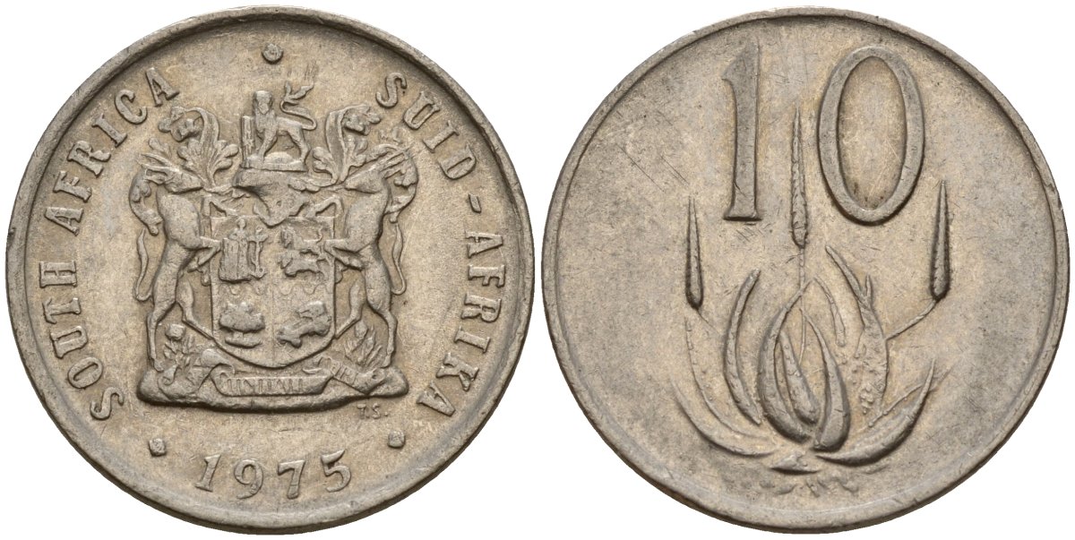 ЮАР 10 центов 1975 герб, цветок алоэ KM 85 никель 4156-934
