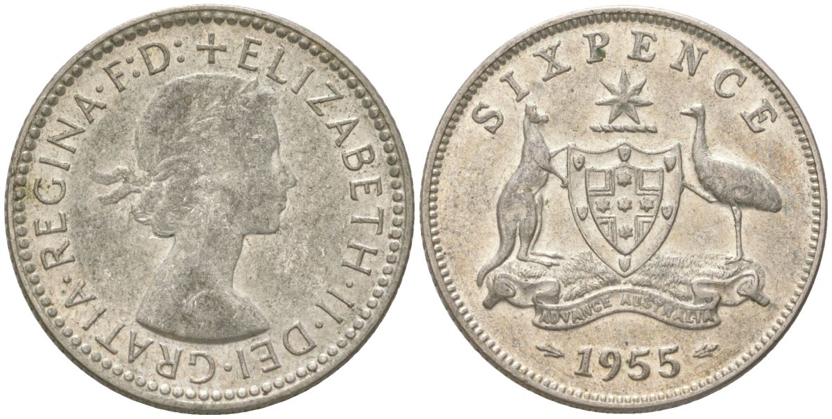 Австралия 6 пенсов 1955 Елизавета II (1952-2022) KM 58 серебро 4623-247
