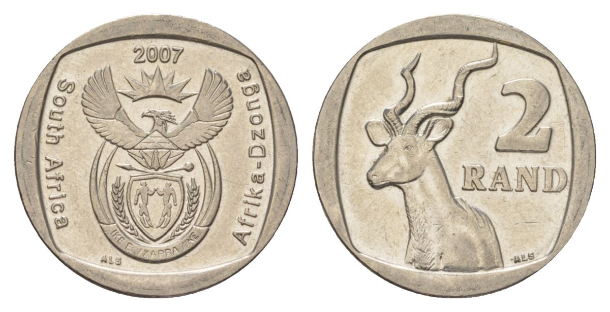 ЮАР 2 ранда 2007 KM 296 медь плакированная никелем aUNC 4628-147