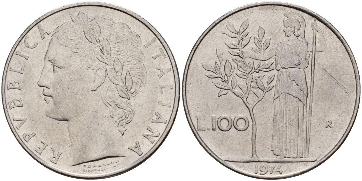 Италия 100 лир 1974 R, Афина у оливкого дерева KM 96.1 нержавеющая сталь 4157-1122