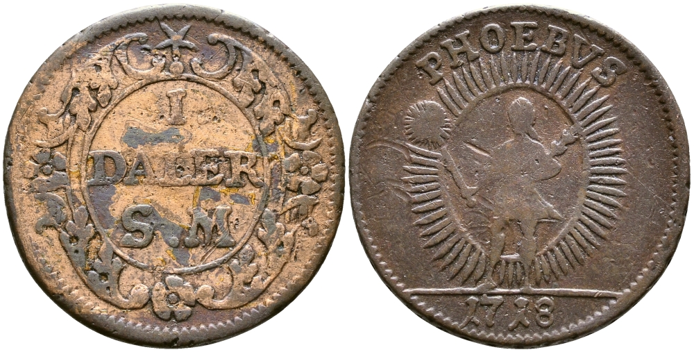 Швеция 1 далер 1718 S.M., Карл XII (1697-1718), чрезвычайный выпуск, Аполлон KM 359 медь 23-1047