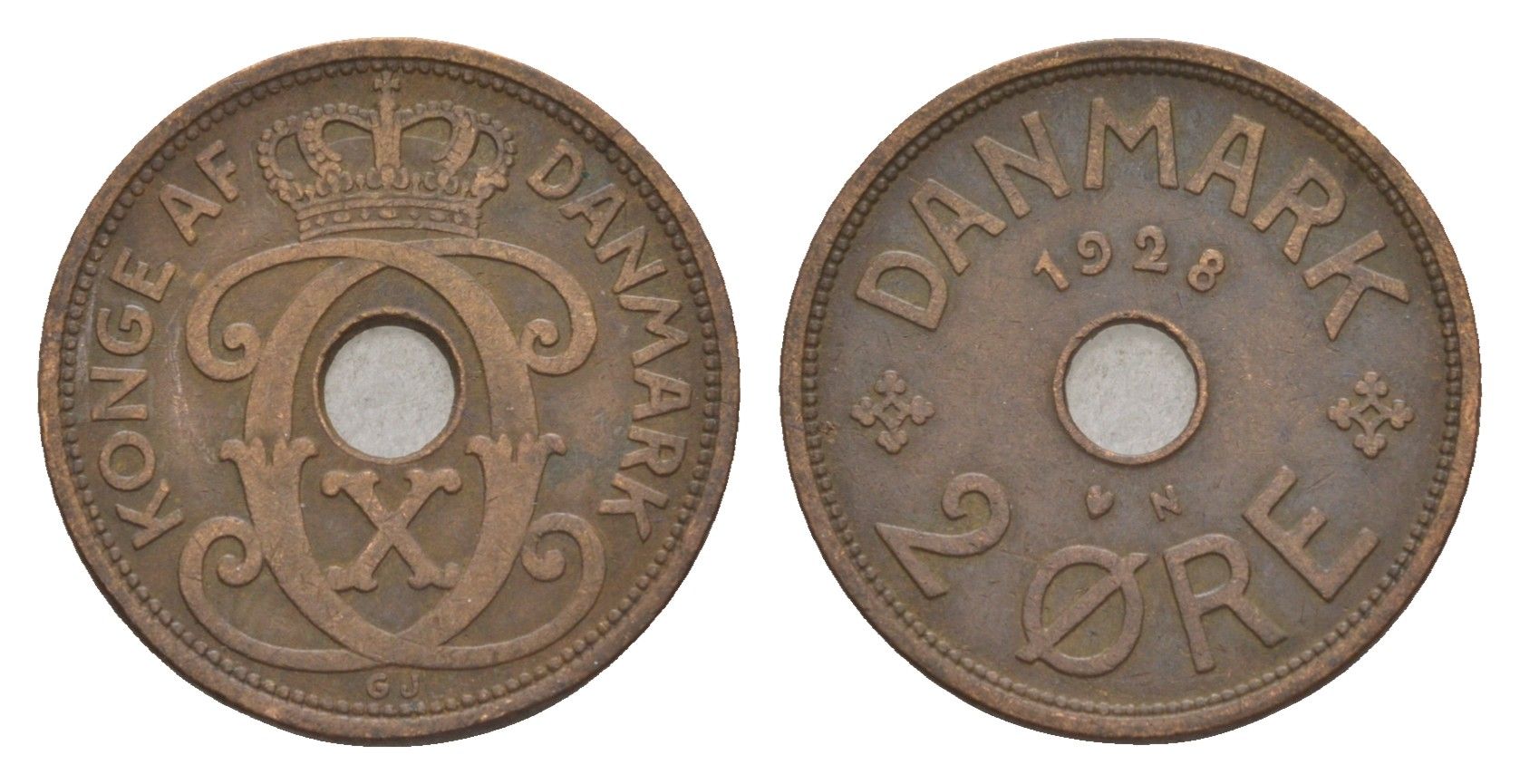 Дания 2 эре 1928 N, Кристиан X (1912-1947) KM 827 бронза 4658-222