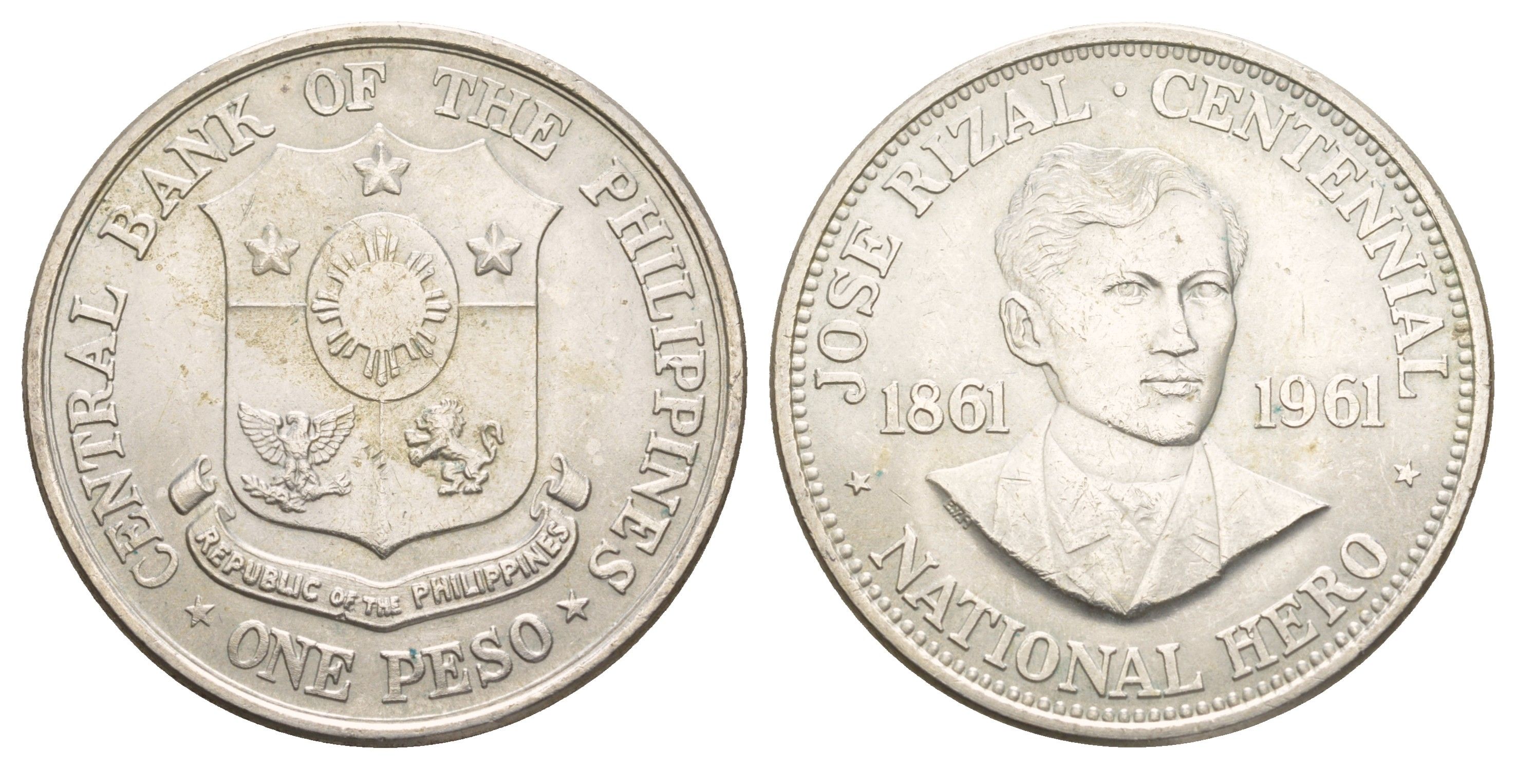 Филиппины 1 песо (писо) 1961 100 лет со дня рождения Хосе Ризала KM 192 серебро aUNC 413-443