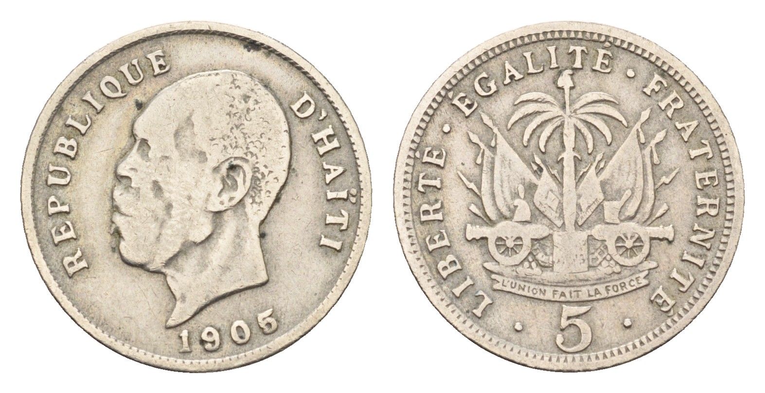 Гаити 5 сантимов 1905 Президент Пьер Нор Алексис KM 53 медно-никель 4580-236