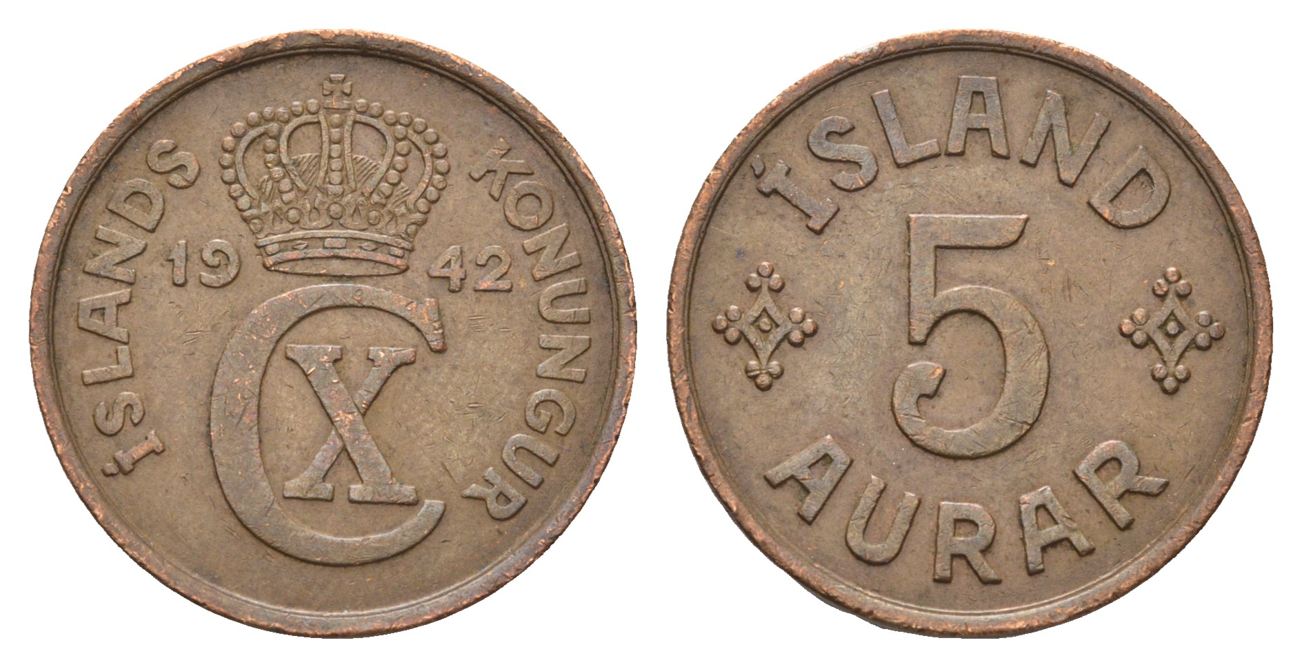 Исландия 5 эйре 1942 KM 7 бронза 4652-1225