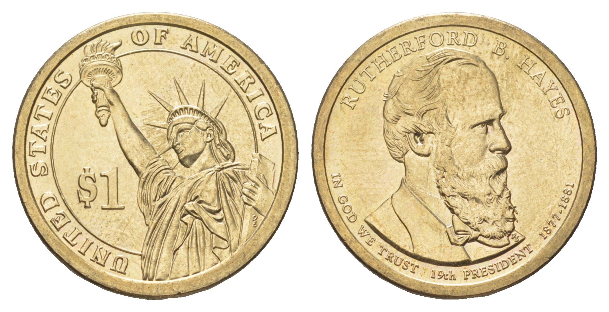 США 1 доллар 2011 P, Президент США - Ратерфорд Хейз (1877-1881) KM 501 медь с марганцево-латунным покрытием UNC 4629-312