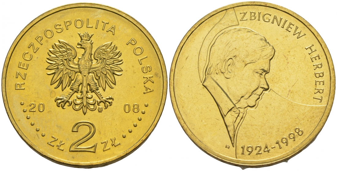 Польша 2 злотых 2008 10 лет со дня смерти Херберта Збигнева KM 634 латунь UNC M12-21
