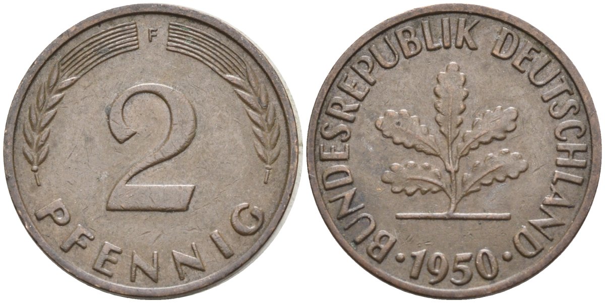 ФРГ 2 пфеннига 1950 F KM 106, J.381 сталь плакированная медью 4174-624