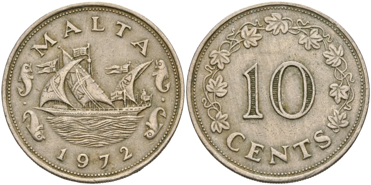 Мальта 10 центов 1972 баржа Великого магистра KM 11 медно-никель 4137-826