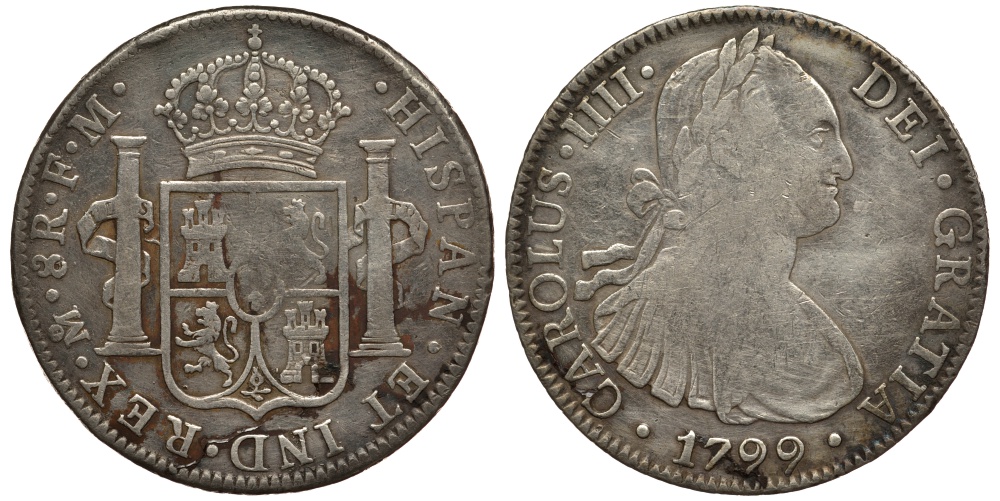 Мексика 8 реалов 1799 FM, монетный двор Mo (Мехико Сити), Карл IV Испанский (1788-1808) KM 109 серебро 11-273-22