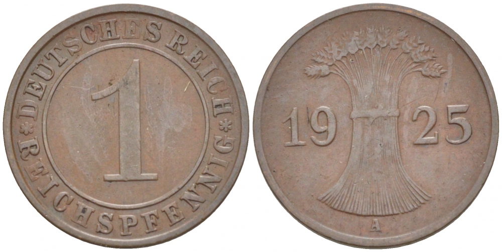 ГЕРМАНИЯ 1 РЕЙХСПФЕННИГ 1925 А KM 37, J. 313 бронза 3718-165